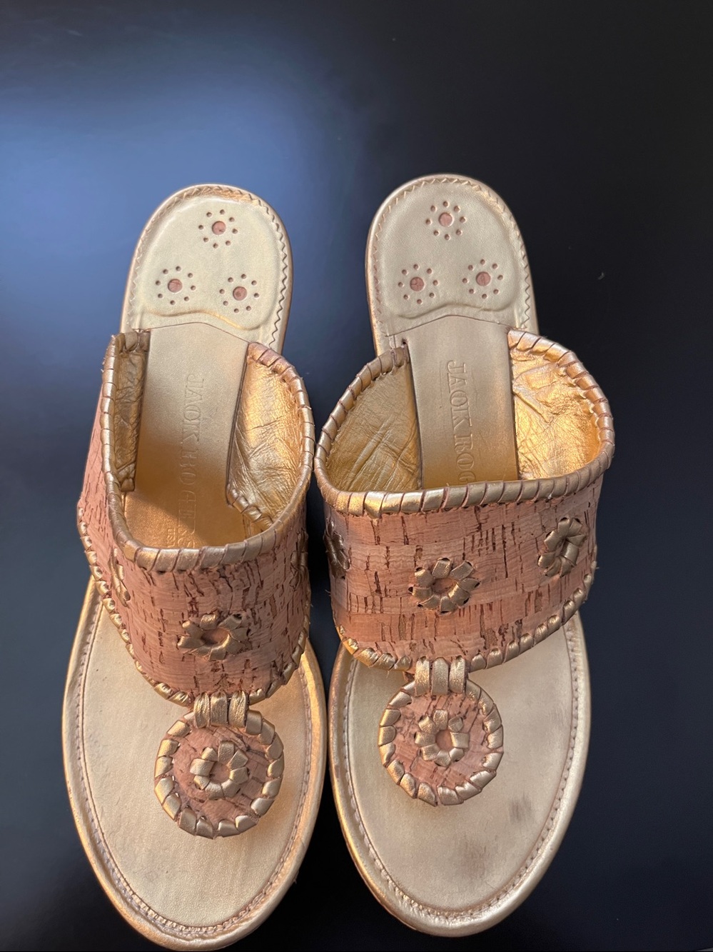 Jack Rogers sandals, brown and gold color.